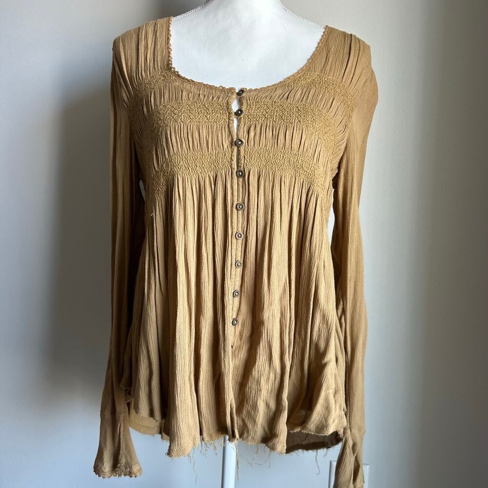 Vintage Free People Olive Green Smocked Button Statement Blouse Boho Size S - Picture 2 of 7